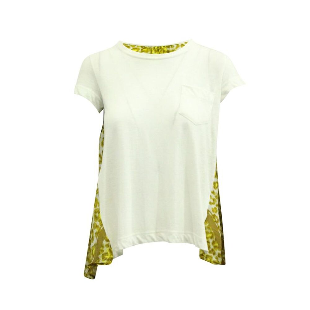Sacai Panel Printed Pleated Flared T-shirt in Multicolor Linen